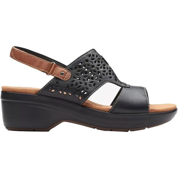NWT Clarks Women’s Tuleah Sun Wedge Sandal Black Leather Size 6 - Picture 2 of 2